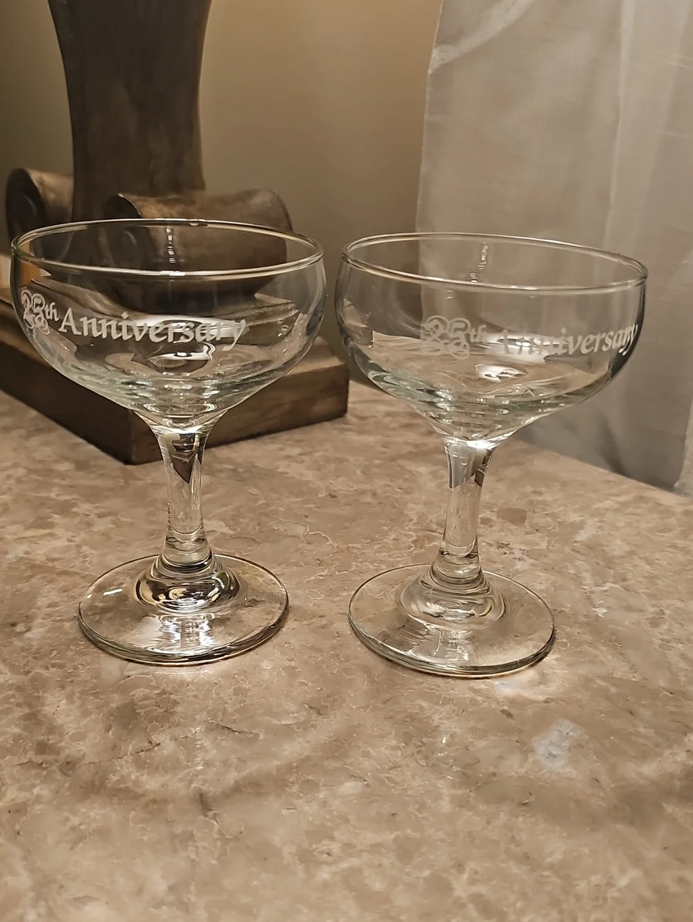 Brand New Vintage 25th Anniversary Etched Coupe Glasses - Clear Glass (Set of 2)